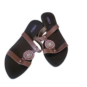 Seychelles Brown Leather Beaded Rhinestone Decor Women's Slip On Sandals 8